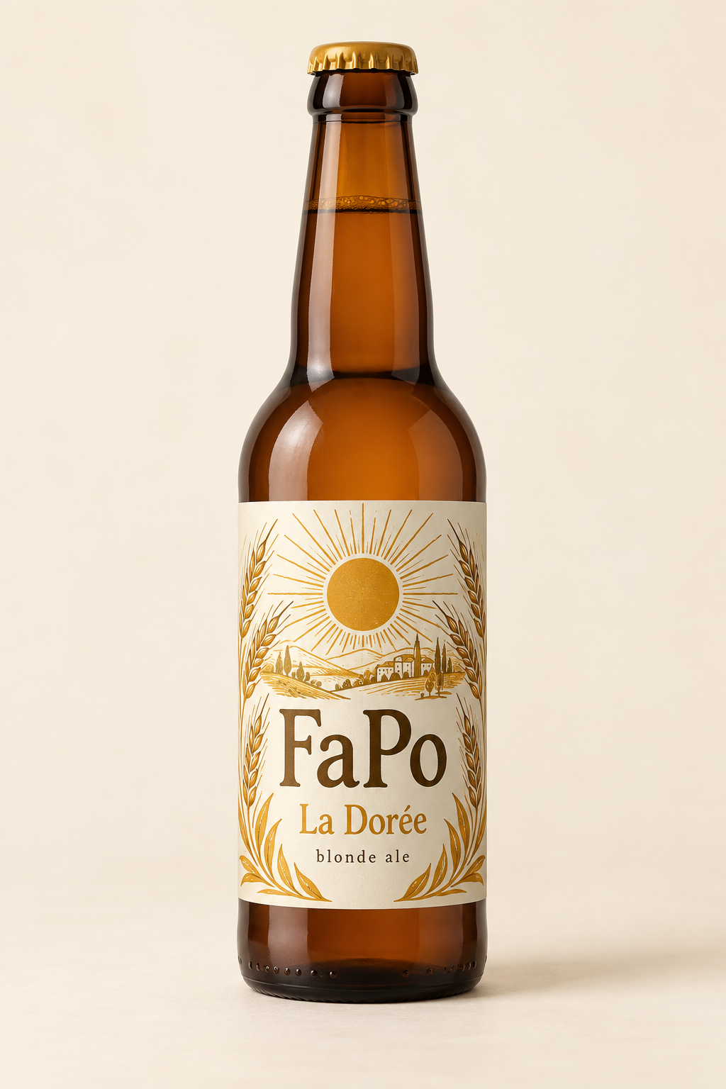 Concept de bouteille FaPo La Dorée : étiquette ocre et ivoire, soleil et épis d’orge