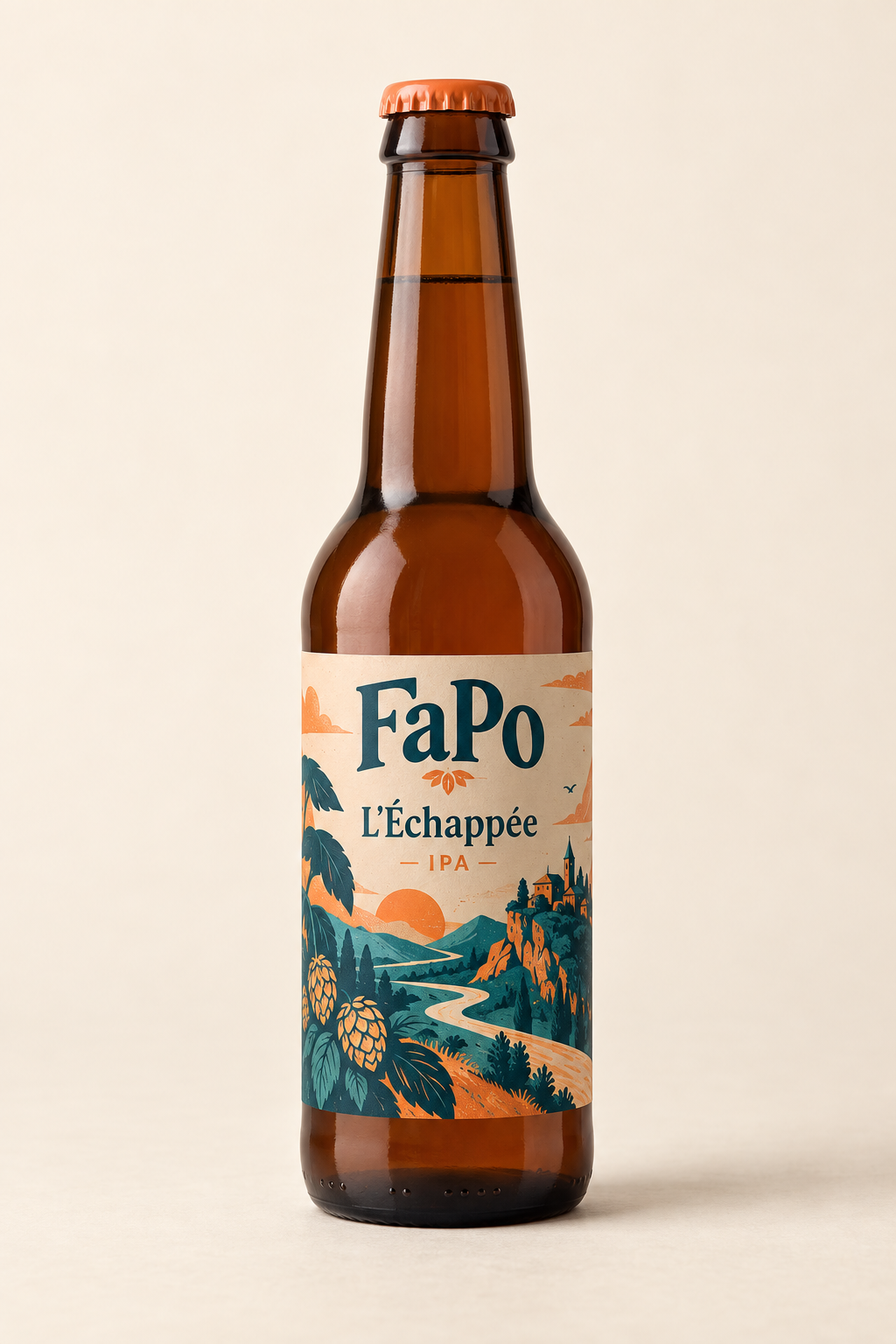 Concept de bouteille FaPo L’Échappée : étiquette bleu pétrole et orange, paysage et houblon