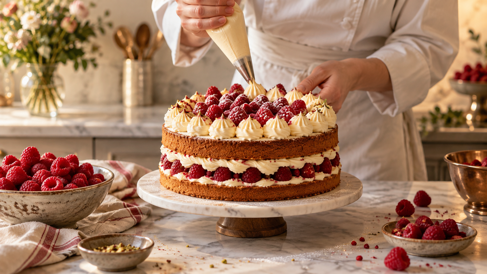 Inspiration pâtissière : gâteau aux framboises en cours de décoration